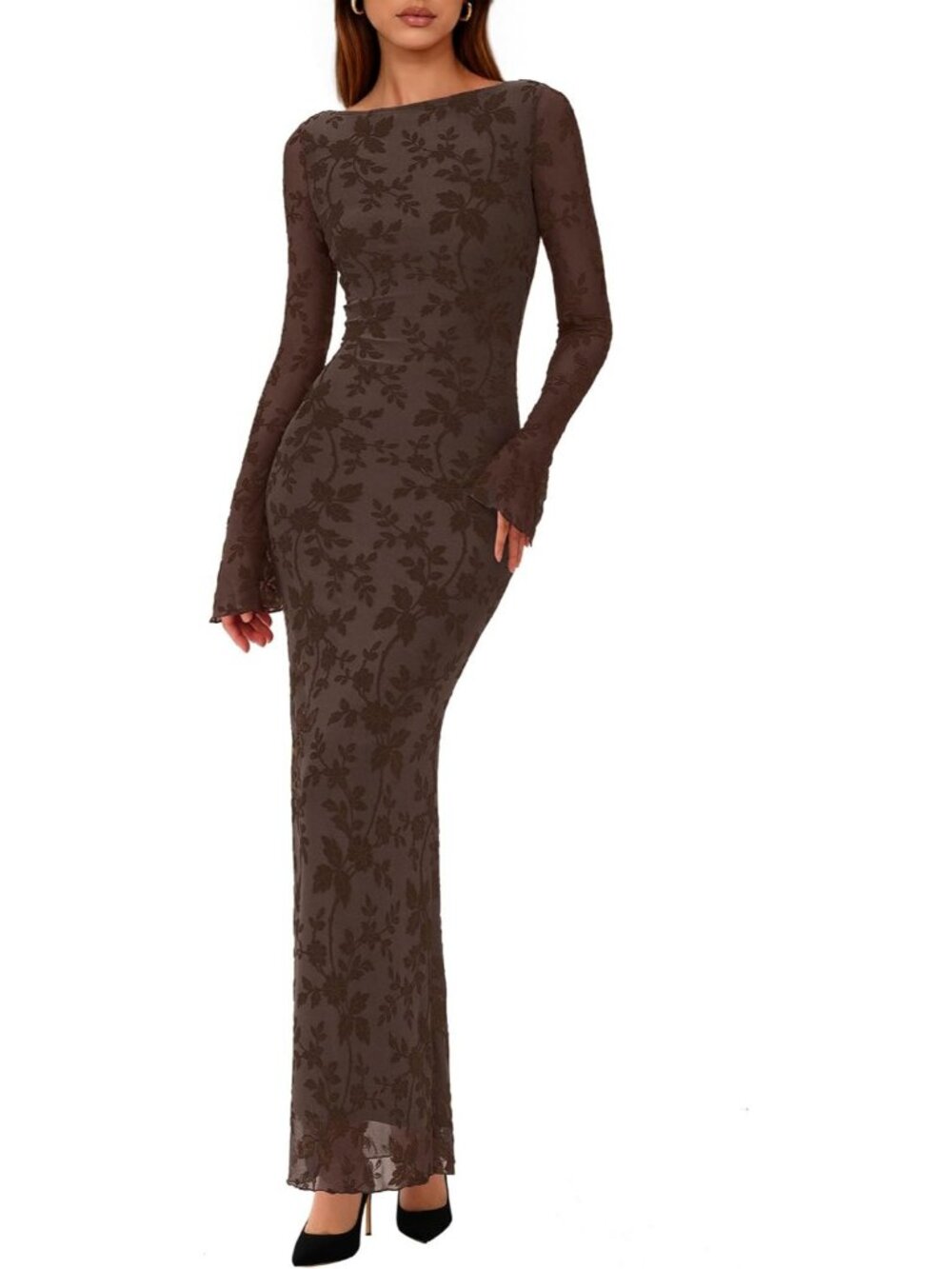 Women's Brown Slim Fitted Boat Neck Long Sleeves Floral Bodycon Maxi Dresses
